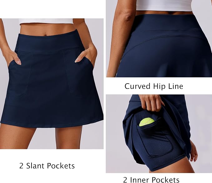 PINSPARK 17" Golf Skorts for Woman High Waisted Tennis Skirt with 4 Pockets | Lightweight, Quick Dry, 4-Way Strecth, Breathable, Tummy Control, UPF 50+ Athletic Skort for Workout, Pickleball, Gym, Casual