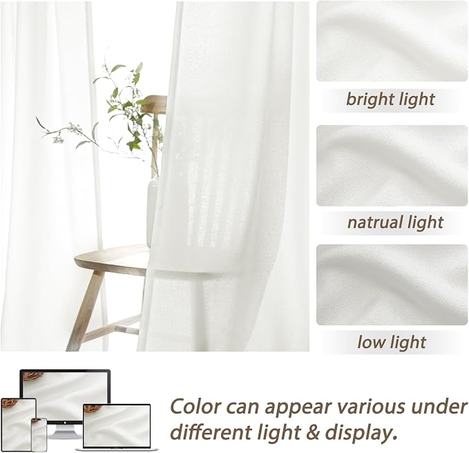 PleatedDrapes White Linen 102 Inch Long Curtains for Bedroom, Pinch Pleat Lush Decor Soft Sheer Curtains 2 Panels Light Filtering Privacy Elegant Luxury Drapes Hooks Rings Back Tab for Office Sunroom