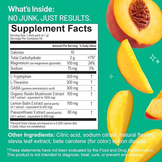 Third Nature Calm Powdered Drink Mix for Stress Support, Relaxation, Healthy Cortisol & Focus - No Sugar, Non-GMO On-The-Go Calming Drink with Magnesium Glycinate, GABA, Peach Mango, 14 Stick Packs