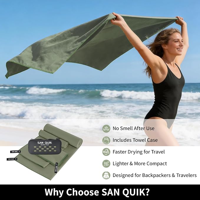 Quick Dry Camping Towel with EVA Case, Microfiber Travel Towel 3 Size at 1 Pack, Super Absorbent Lightweight Fast Drying Towel Set for Beach, Gym, Sports, Backpacking, Yoga & Swimming Pool, Army Green