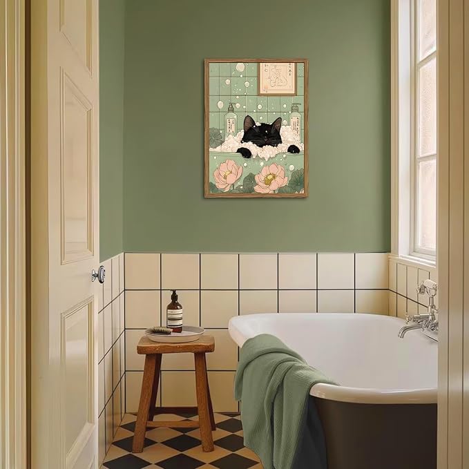 Funny Japanese Black Cat Bathroom Wall Art, Cute Black Cat in Bathtub Wall Decor Picture, Whimsical Japan Animal Bathroom Poster Canvas Prints Painting Artwork 16x24 inch Framed
