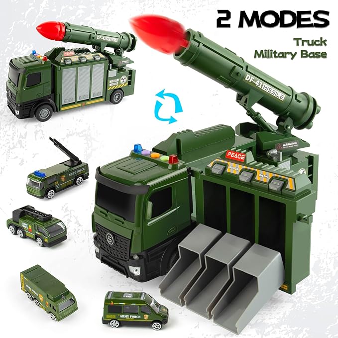 7 in 1 Military Truck Toys, with Rocket Launcher, 6 Mini Battle Vehicle Toy, Army Carrier Truck with Lights and Sounds, Green Toys Trucks Gifts for Toddler Kids Boys Girls Ages 4 5 6 7 8