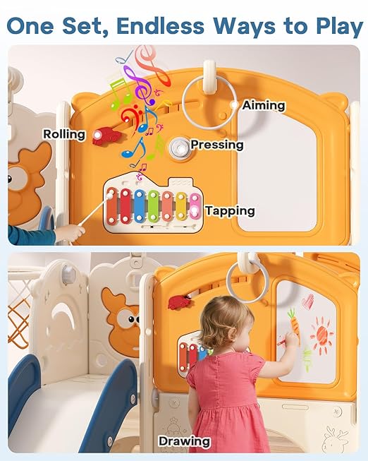BIERUM Toddler Slide Set with Basketball Hoop, Golf Game & Drawing Board, 13-in-1 Indoor Outdoor Toddler Slides Playground for Kids Ages 1+, Kids Climber Playset for Backyard (Blue&Yellow)