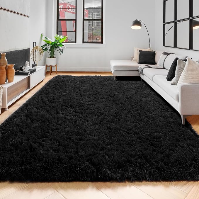 Amdrebio Black Shag Kids Area Rug 5x8 for Boys Bedroom Living Room Playroom | Fluffy Furry Shaggy Plush Comfy Carpet, Classroom Dorm Men Cave Office Apartment Decor, Gothic Aesthetic, Modern Cool Accent