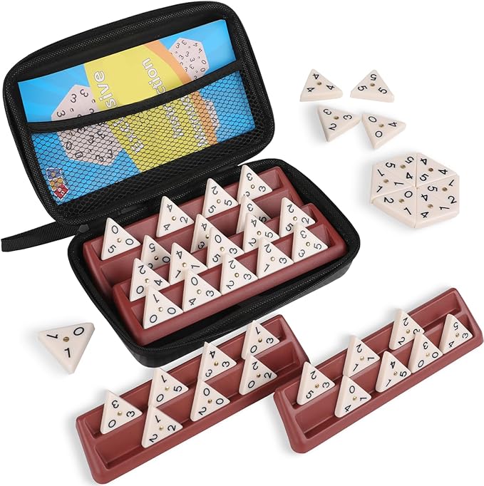 Premium Quality Triangle Domino Game Set with 56 Triangular Domino Tiles, Includes 4 Holders, Classic Family Strategy Board Game for 2-4 Players Kids and Adults