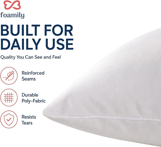 Foamily 20x20 Throw Pillow Inserts, Set of 4, 100% Cotton Cover, White | Cotton cover, plush down-alternative fill, machine washable Fits 20x20 covers Couch, sofa, bed, nursery décor