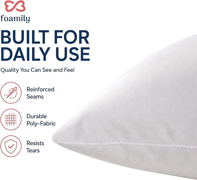 Foamily 12x20 Lumbar Pillow Inserts, Set of 2, 100% Cotton Cover, White | Cotton cover, plush down-alternative fill, machine washable Fits 12x20 lumbar covers Couch, bed, accent chairs
