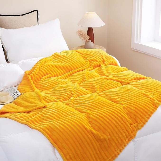 Gold Fleece Throw Blanket 50”×70” for Couch Sofa Livingroom | Super Soft Cozy Plush Microfiber Flannel Bed Blanket Striped Design Lightweight Home Decor Gifts for Adults Mom Women