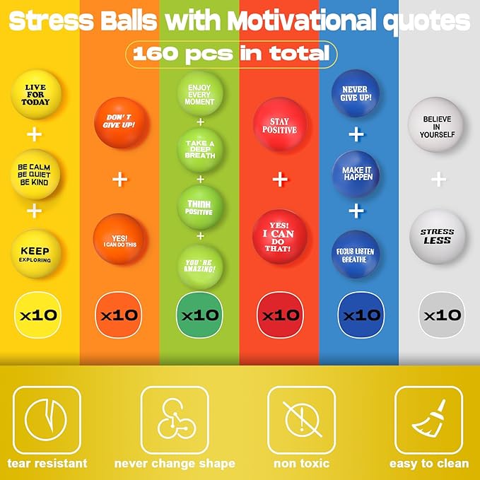 Chivao 160 Pcs Motivational Stress Balls Colorful Foam Inspirational Quotes Anxiety Relief Balls Small Funny Stress Relief Hand Exercise Gifts for Adults Teams Motivating Encouraging (Motivated)