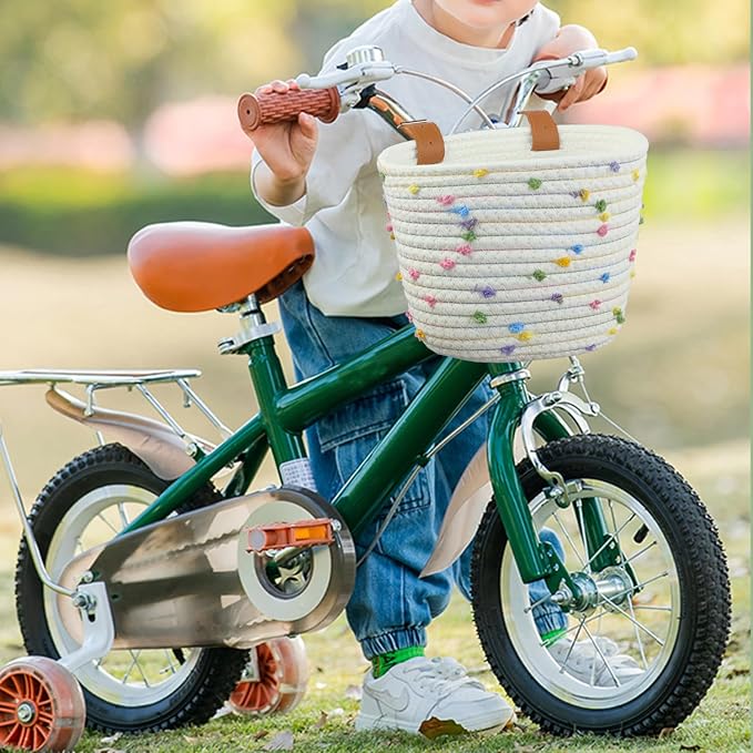 Kids Bike Basket for Boys and Girls, Children's Bicycle Basket Woven With Sisal Rope, Cute Decorative Accessories for Balance Bikes and Scooters