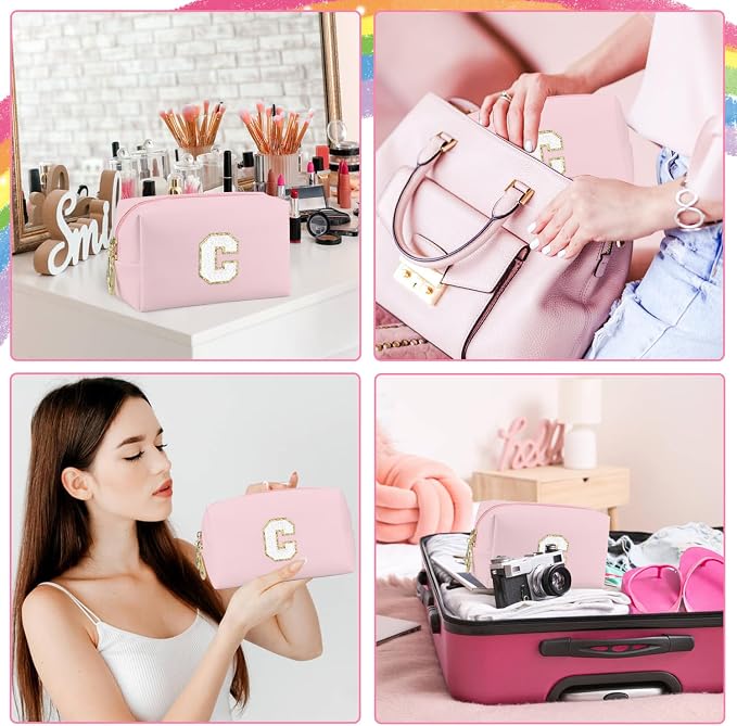 Initial Makeup Bag, Personalized Preppy Letter Monogram Cosmetic Bag | Waterproof PU Material, Compact Size, Large Capacity 7.09 x 2.95 x 3.94 in, Surprise Gift for Daughters and Teens
