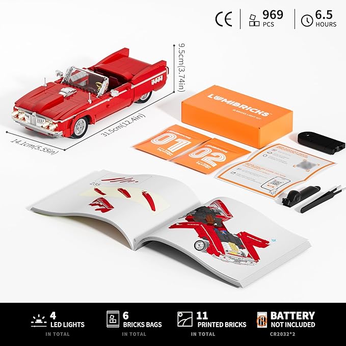Lumibricks Low Rider Big Red Car Building Bricks Set - Street Fusion Vehicle Engineering Lighting Model Modular Collection Kit 969 Pcs for Adults & Teens & Car Lovers