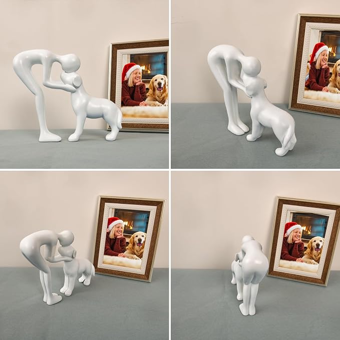 Abstract Person and Dog Sculpture Head-to-Head Figurine White | abstract sculpture celebrating the bond between person and pet. Intimate head-to-head Touching memory keepsake for dog lovers