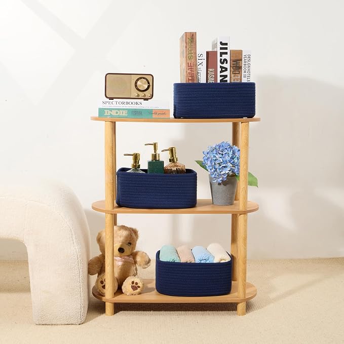 MiniArk Small Storage Baskets for Organizing | Closet Organizer Bins | Shelf Toy Basket | Woven Rope Baskets | Cube Decorative Box | Shallow Basket | 11.5x7.5x4.7” | 3 Packs Navy Blue