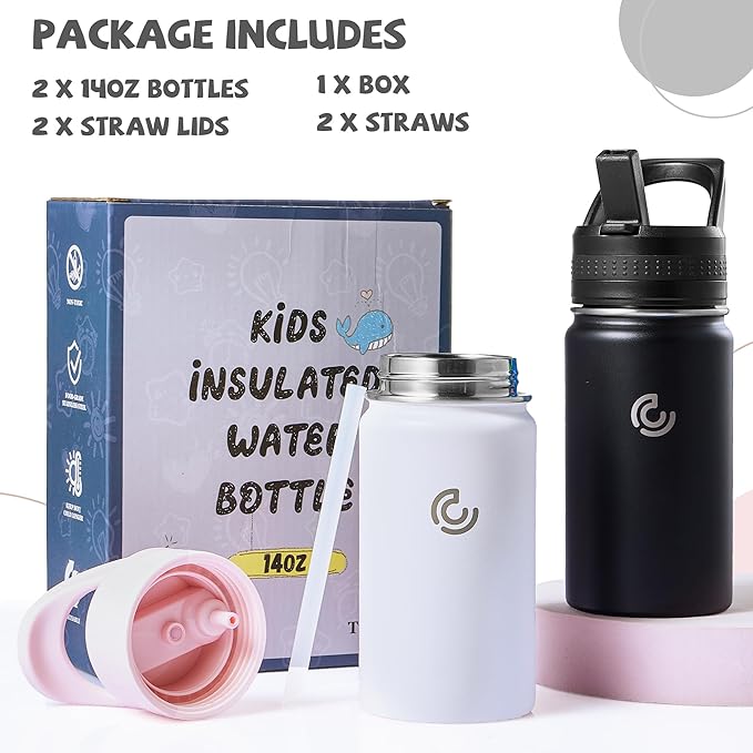 2 Pack Kids Water Bottle,14oz Stainless Steel Insulated Water Tumbler Leak-Proof,School Water Mug,Small and Portable,Suitable for Boys and Girls to Use(Black + White)