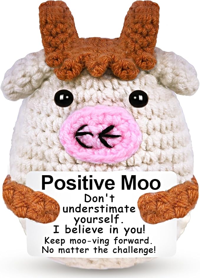 PARTY TONIGHT Funny Positive Crochet Animals Cow Gifts,Handmade Knitted Positive Moo for Women Men Lover Emotional Support Crochet Cow Inspirational Birthday Office Home Decor