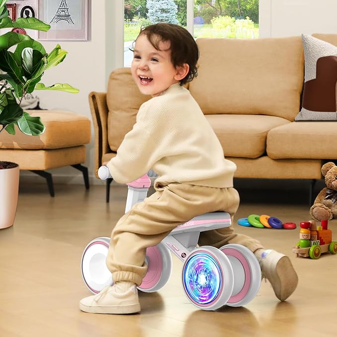 Colorful Lighting Baby Balance Bike Toys for 1 Year Old Girls Gifts, Toddler First Bike 12-24 Months with Adjustable Soft Seat, 4 Silent Wheels Ride on Toy, Perfect First Birthday Gift