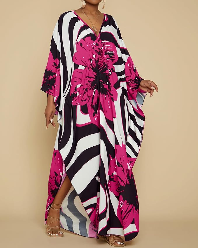 Bsubseach Kaftan Dresses for Women Floral Print Plus Size Beach Cover Up | Lightweight V Neck Loose Fit Boho Dress, Batwing Sleeve Side Slit, Moo Moos for Women Home Loungwear Cruise Resort Wear