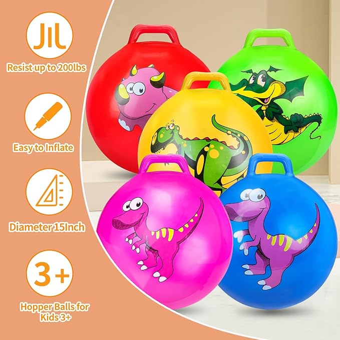 Dinosaur Bouncy Balls with Handle for Kids, 2 Pack Ride On Toy Balls for Kids 3 4-8, 15 Inch Hopper Ball with Air Pump, Jumping Ball School Sports Games Balance Exercise Indoor Outdoor