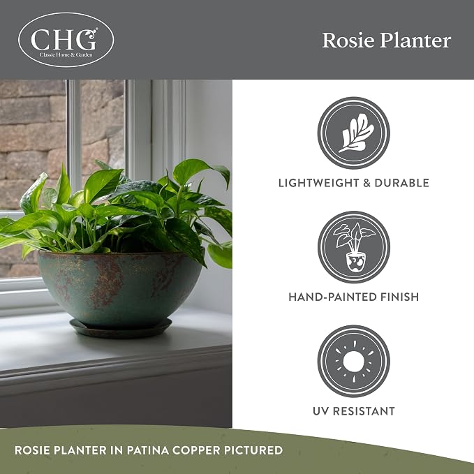 Classic Home and Garden Rosie Modern Planter w/Drainage - Contemporary Planter Bowls - Shallow Round Vases for Small Plants - Versatile Indoor & Outdoor Pots (10” Patina Copper)