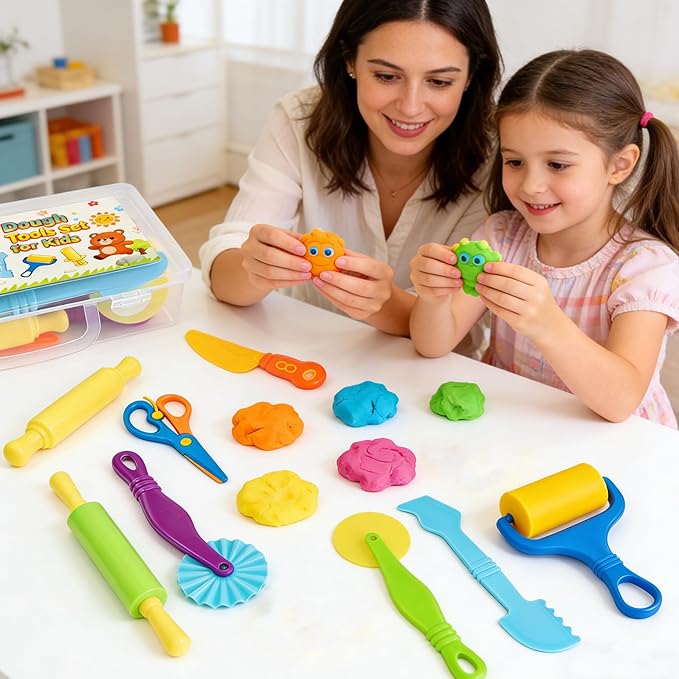 Kleeblatt Dough Tools Set for Kids - 31 Pcs Playdough Kit with 9 Basic Dough Tools,12 molds,9 Double-Headed Clay Carving Tools& Cleaning Brush, Safe for Toddlers Ages 2-8, for Clay/Plasticine/Sand