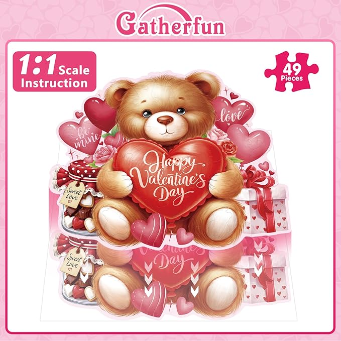 Valentines Day Puzzles with 49 Large Pieces - Happy Valentine's Day Shaped Floor Puzzle for Party Decorations, Gifts, and Classroom Activities