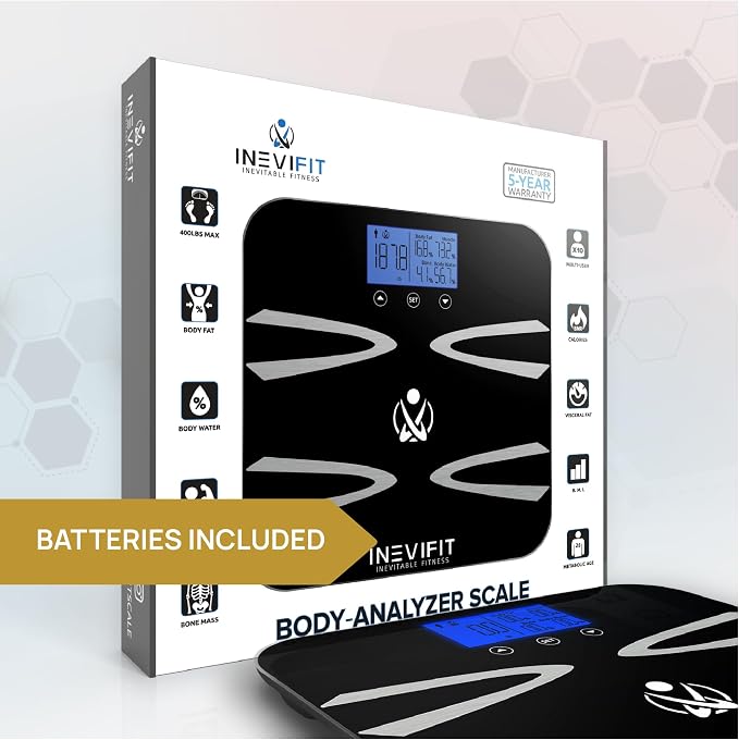 INEVIFIT Body-Analyzer Scale, Highly Accurate Digital Bathroom Body Composition Analyzer, Measures Weight, Body Fat, Water, Muscle, BMI, Visceral Levels & Bone Mass for 10 Users. Includes Batteries