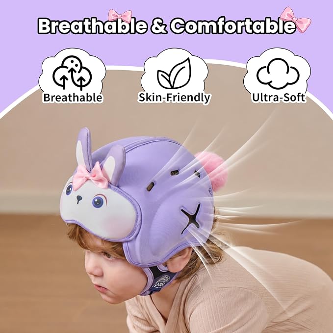 Baby Head Protector Baby Helmet for Crawling and Walking - No Bumps and Soft Safety Peak - Ultra Light and Adjustable Baby Head Protector Suitable for Babies 6-24 Months-Violet Bunny