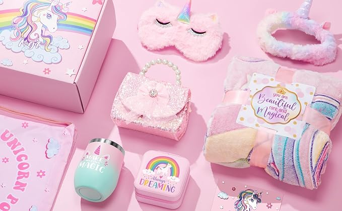 9PCS Unicorn Gifts for Girls Age 4-6 6-8, Toddler Girl Toys with Unicorn Glow in The Dark Blanket Crossbody Purse Kids Christmas Birthday Gifts Toys for 3 4 5 6 7 8+ Year Old Teen Girls Daughter Niece