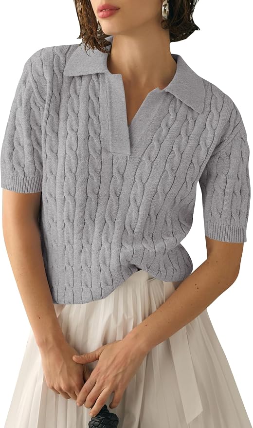 Micoson Womens Short Sleeve Sweater Tops Lapel V Neck Polo Shirts 2026 | Summer Cable Knit Loose Blouses, Business Casual Outfits