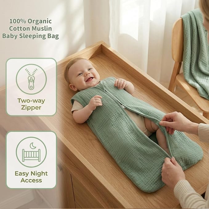 BSTOPPT 2 Pack Baby Sleep Sack 18-24 Months 100% Organic Cotton Muslin Baby Sleeping Bag 2-Way Zipper Wearable Blankets TOG 0.3 (Green & Leafy Cherry, X-Large)
