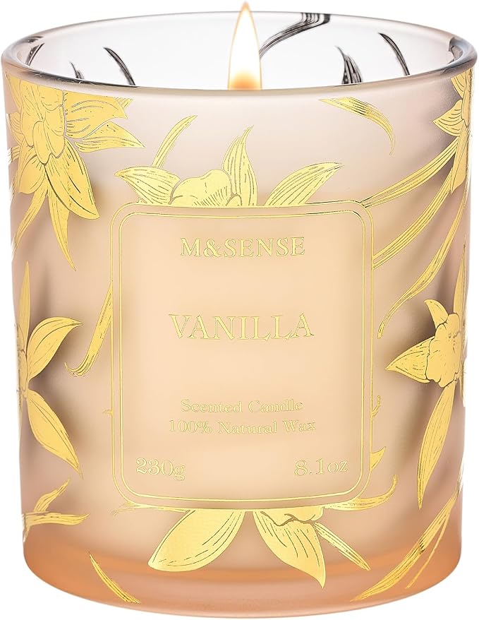 M&SENSE Vanilla Soy Candle, 8.1oz Gilded Glass, Cozy Candles Gift | 42H Long Burn, Warm Relax Home Fragrance, Non-Toxic, Warmer Safe, Reusable Jar, Sensitive-Friendly