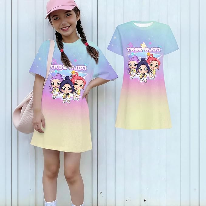 Girl's Anime K-POP Graphic Long Dress T-Shirt - Casual Loose Fit Short Sleeve Top