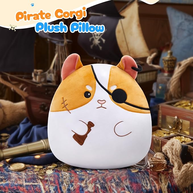 Pirate Corgi Plush Pillow - Soft Pirate Dog Stuffed Animal Toy for Bedroom, Playroom Nursery Room Decor,Pirate Dog Pillows Boys & Girls Gift,12’’