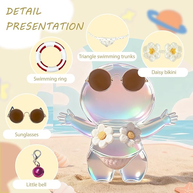 Daisy Bikini for 17cm Doll (No Dolls),5-Piece Set Includes Bikini, Brown Glasses, Blue Swimming Ring and Bell, Swimsuit Accessories for Doll, hot Party Style, Summer Beach Style,Hand-Knitted Swimsuit