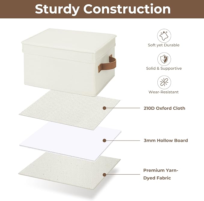 StorageWorks Storage Bins with Lids, Decorative Storage Boxes with Lid and PU Handles, Foldable Storage Baskets for Closet, Shelves, Stackable, Ivory, Medium, 3-Pack | Lidded Dust-proof, Easy Pull Handles, Foldable, Stackable, Ideal for Clothes Blanket...