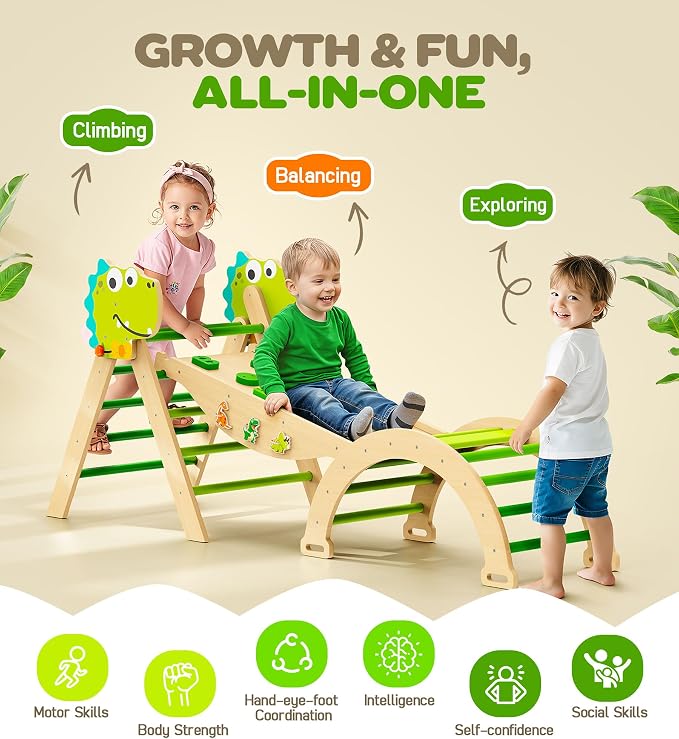 Pikler Triangle Set, 11-in-1 Montessori Climbing Toy for Toddlers, Foldable Wooden Indoor Jungle Gym & Playground Climber for Learning and Motor Skills (18 Months–7 Years)