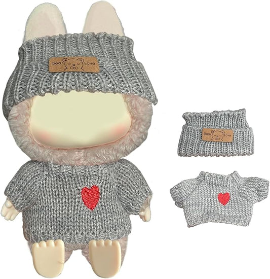 Clothes Set(Sweater) for Dolls(15cm & 17cm Macaron/Have a seat/Energy). Clothing Accessories for 6.7" Blind Box, Outfits for Dolls.(Gray Sweater Set)