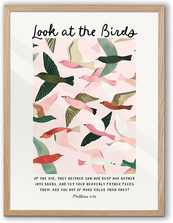EcoHest 18x24 in Matthew 6:26 Look at the Birds Framed Christian Wall Art | Solid Oak Wood Frame with Canvas Wall Art, Scripture Bible Verse Wall Decor for Bedroom, Living Room, Office, Church, 1Pack