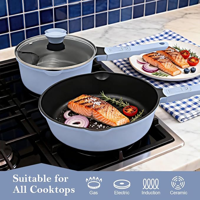 Non Stick Frying Pan Skillet with Lid, 12 Inch Nonstick Deep Frying Pan, 5 QT Saute Pan with Detachable Handle, Compatible with All Stoves, Induction Ready, Oven Safe, PTFE & PFAS-Free, Blue