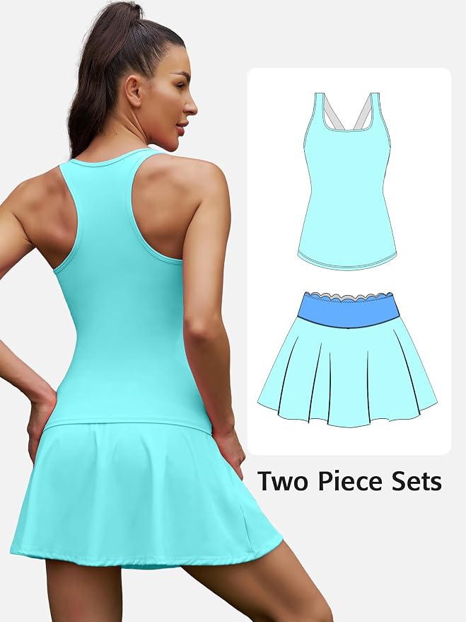 ATTRACO Tennis Outfits for Women Racerback Golf Dress Workout Dress | Athletic Skirt Set, Built-in Shorts, 2 Pockets, Scalloped, Racerback, High Waisted, Pickleball, Workout Set