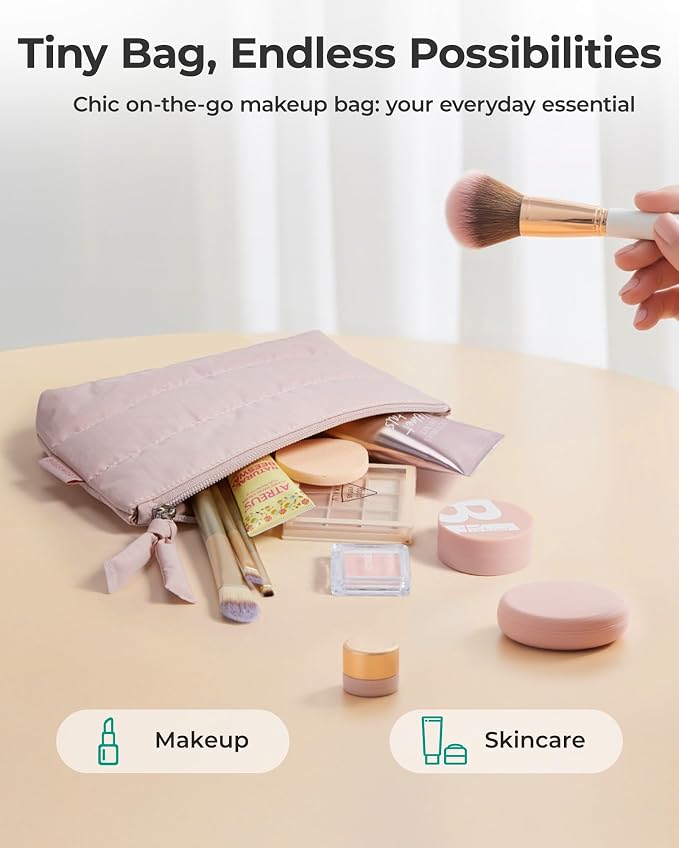 BAGSMART Small Puffy Water-Resist Makeup Bag for Women | Ultra-compact 1.6" profile; disappears into crowded totes, backpacks, carry-ons