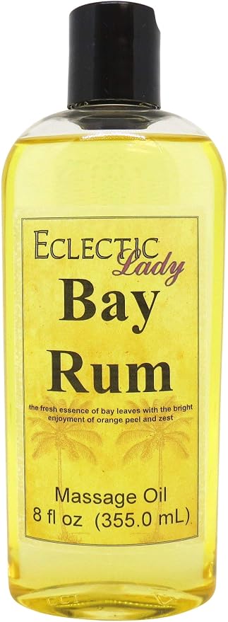 Bay Rum Massage Oil, 8 oz, with Sweet Almond Oil and Jojoba Oil, Preservative Free, Perfect for Aromatherapy and Relaxation
