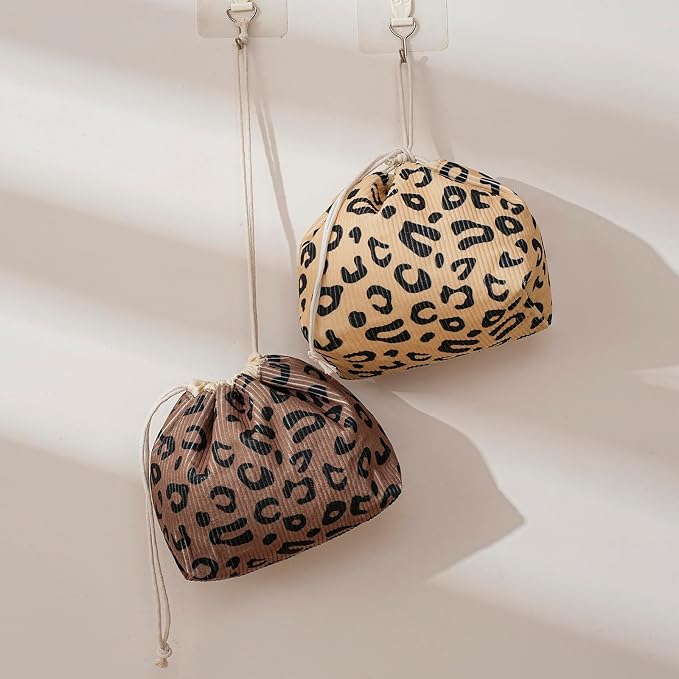 RSRSLEII Aesthetic Corduroy Drawstring Makeup Bag, Cute Coquette Drawstring Cosmetic Bag with Canvas Lining, Leopard Print Travel Makeup Organizer Case for Women Girls (10 Brown Leopard Print)