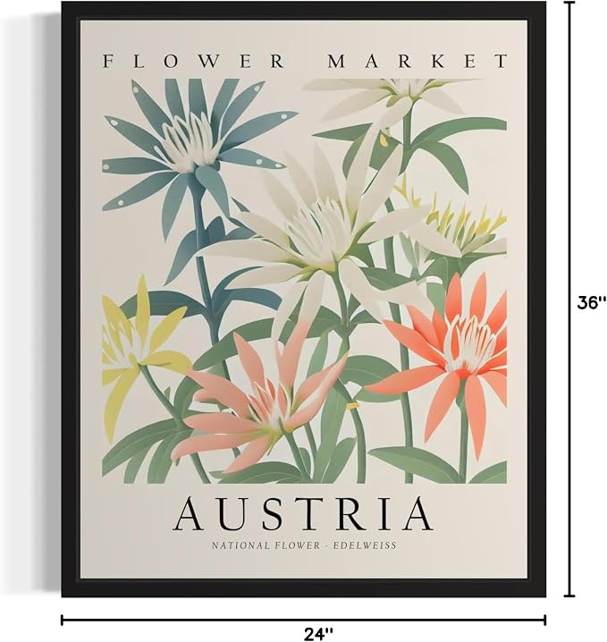 Austria, Edelweiss Art Print Poster, Flower Market Wall Art, Floral Artwork Decor for Bedroom, Kitchen, Bathroom, Livingroom Decoration 52 (Austria, Edelweiss, 36" L x 24" W, Unframed)