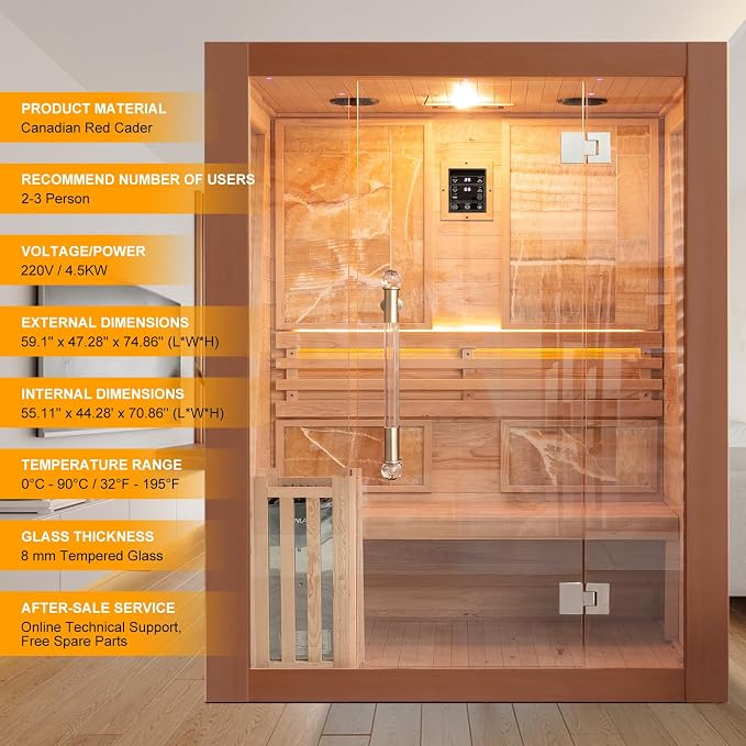 Smartmak Wood Home Steam Sauna, WiFi Control 3 Person Canadian Red Cedar Traditional Luxurious Wooden Indoor Spa Room, with 4.5 kw Heater, Speaker, Rocks, Water Bucket, Spoon, Sky Lights