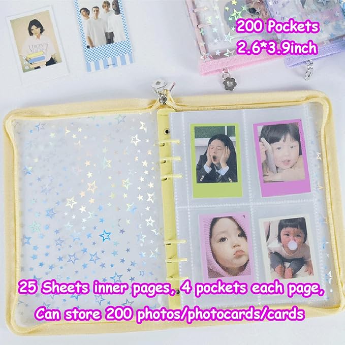 Kpop Photocard Binder with 6 Stickers Sheet & 50 Shinning Protective Sleeves Kpop Photocard Holder Book with Kpop Photocard, A5 Binder Photocard Album 30 Inner Pages with 240 Pockets (Yellow)