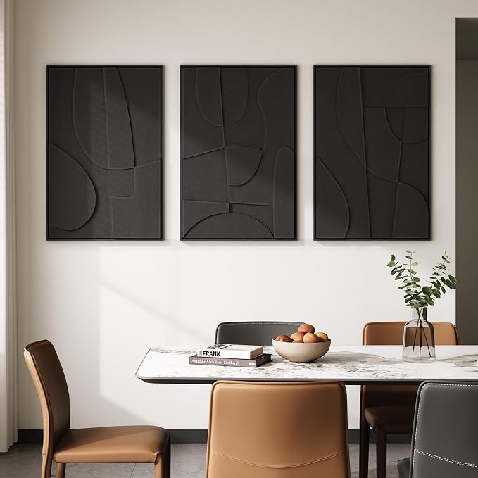 Large 3D Textured Framed Black Abstract Wall Art for Living Room, 3 piece Modern Minimalist Geometric Texture Artwork for Walls, Sandstone Art Pictures for Bedroom Hallway Office Wall Decor 24x36 In