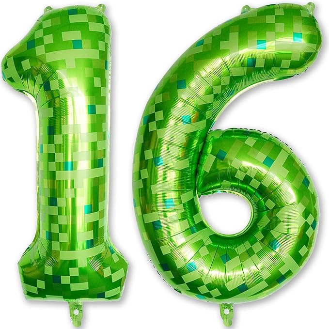 Number 16 Balloons 40 Inch, Gaint Cartoon Lime Green Pixel 16 Balloon Number for Boys 16th Birthday Decorations, Dark Kelly Green Foil 16 Balloon for 16 Year Old Birthday Video Game Golf Party Decor