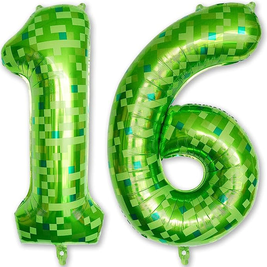 Number 16 Balloons 40 Inch, Gaint Cartoon Lime Green Pixel 16 Balloon Number for Boys 16th Birthday Decorations, Dark Kelly Green Foil 16 Balloon for 16 Year Old Birthday Video Game Golf Party Decor